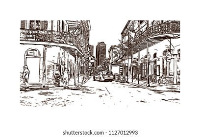 The French Quarter, Historic District, Is The Oldest Section Of The City Of New Orleans. Hand Drawn Sketch Illustration In Vector.