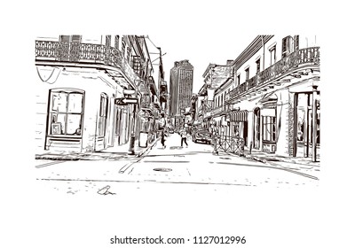 The French Quarter, Historic District, is the oldest section of the City of New Orleans. Hand drawn sketch illustration in vector.