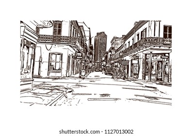 The French Quarter, Historic District, is the oldest section of the City of New Orleans. Hand drawn sketch illustration in vector.