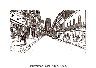 The French Quarter, Historic District, is the oldest section of the City of New Orleans. Hand drawn sketch illustration in vector.