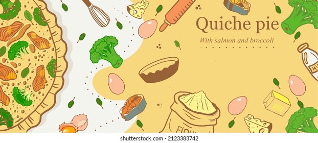 quiche francés con brócoli y salmón, ingredientes y utensilios. Ilustración de quiche Lorraine, estilo plano y caricatura, banner