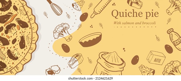 quiche francés con brócoli y salmón, ingredientes y utensilios. Ilustración de quiche Lorraine, estilo plano y caricatura, banner