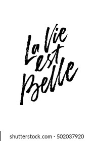 French quote La vie est Belle meaning Life is beautiful. Unique hand drawn inspirational quote. Hand lettering for print or web (bags, t-shirts, home decor, posters, cards, banners, blogs, ads)