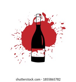 Botella francesa de vino tinto y salpicón. Estilo Doodle. Borde negro y mancha roja. Ilustración vectorial lineal sobre fondo blanco aislado. Para impresión y web, diseño de etiquetas, folletos.