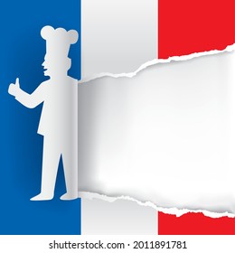 French Regional Cuisine background, square banner. Torn paper chef silhouette with thubs up and French flag flag. Place for your text or image. Vector available