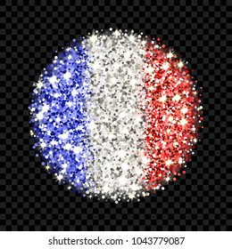 French Republic flag sparkling badge. Round icon with France national colors with glitter effect. Button design. Vector illustration. One of a series of signs