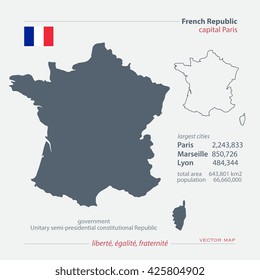 French Republic isolated maps and official flag icon. vector France political map icons with general information. European State geographic banner template. Republique Francaise 