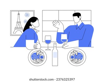 French restaurant isolated cartoon vector illustrations. Happy couple eating out in a restaurant, gourmet food on plate, dinner with boyfriend, people lifestyle vector cartoon.