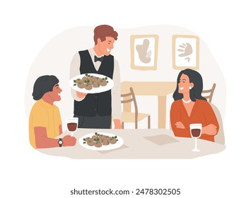 French restaurant isolated cartoon vector illustrations. Happy couple eating out in a restaurant, gourmet food on plate, dinner with boyfriend, people lifestyle vector cartoon.