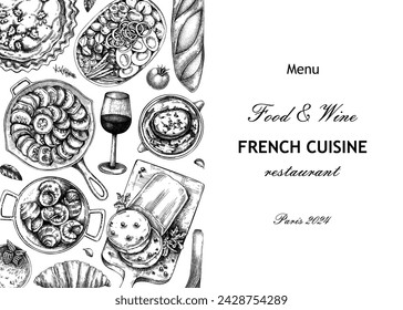 French restaurant menu design template. France dishes and wine sketches. European food background. Hand-drawn vector illustration, NOT AI generated