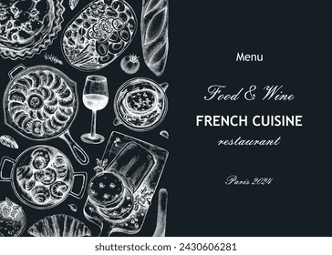 French restaurant menu design template on chalkboard. European food and wine sketches. France background. Hand-drawn vector illustration, NOT AI generated