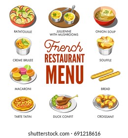French restaurant menu with traditional national tasty food