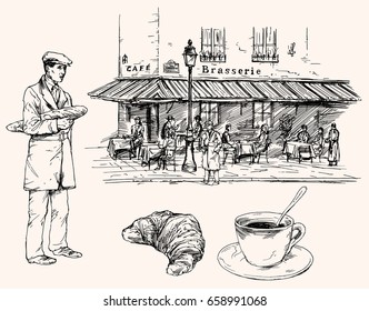 French Restaurant, Tables And Chairs On The Street. Coffee And Croissant And Man Holding Baguette. Hand Drawn Vector Set.