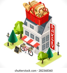 French Retro Bakery Shop Building with a Big Bread Basket at the Top. 3D Tile for Your Own Isometric Game App. Bakery Shop tile Vector Isometric Icon Set Collection Logo Illustration