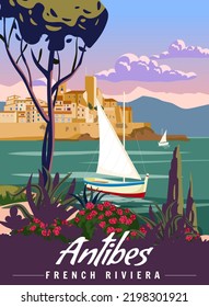 French Riviera Antibes Retro Poster. Tropical coast scenic view, palm, Mediterranean marine, sea town, sailboat.