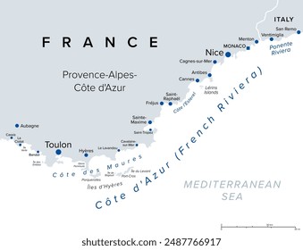 French Riviera coasts, political map. Mediterranean coastline of the southeast corner of France, also Cote dAzur or Azure Coast, considered to extend from Toulon in the west to Menton in the east.