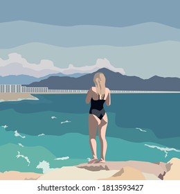 Ilustración vectorial al estilo de la Riviera Francesa - mujer con traje de baño sobre las rocas contra el fondo de las montañas y el mar