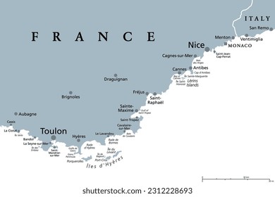 French Riviera, gray political map. Mediterranean coastline of the southeast corner of France, known as Cote dAzur or Azure Coast. Considered to extend from Toulon in the west to Menton in the east.
