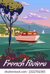 French Riviera Motorboat coast poster vintage. Resort, coast, sea, beach. Retro style illustration vector