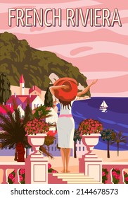 French Riviera Nice Coast Poster Vintage. Woman On Vacation, Resort, Coast, Sea, Beach. Retro Style Illustration Vector