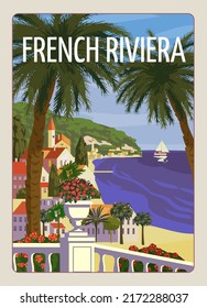 French Riviera Nice Coast Poster Vintage. Resort, Coast, Sea, Beach. Retro Style Illustration Vector