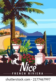 French Riviera Nice Retro Poster. Tropical coast scenic view, palm, Mediterranean marine