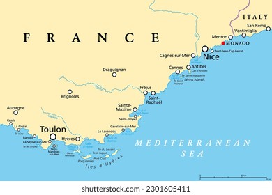 French Riviera, political map. Mediterranean coastline of the southeast corner of France, known as Cote dAzur (Azure Coast). Usually considered to extend from Toulon in the west to Menton in the east.