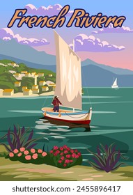 Cartel de la costa de velero de la Riviera Francesa vintage. Resort, costa, mar, playa. Vector de ilustración de estilo retro