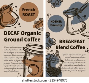 French roast and kosher friendly decaf organic coffee for breakfast, blend and mix for energy. Stimulating beverages and drinks. Promotional banner, advertisement poster. Vector in flat style