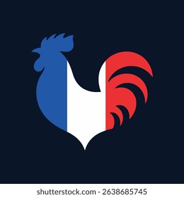 French Rooster Emblem Vector Art Stylized Cockerel in National Colors Blue White Red on Dark Background Gallic Symbol of France for Patriotic Designs and Cultural Representation
