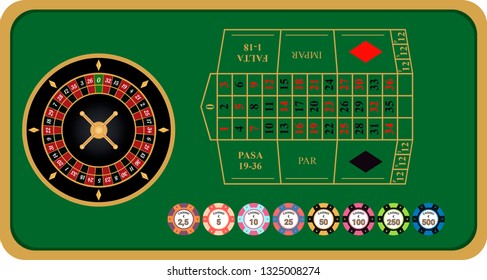 French roulette game table in the casino with roulette and chips. Flat design, vector illustration.