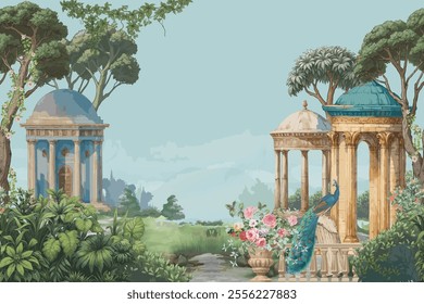 French royal botanic garden landscape with Roman temple, wild tree, plants, peacock and flower vase seamless pattern