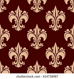 French royal ornamental fleur-de-lis seamless pattern for vintage interior design or historical concept with beige victorian lily flowers on brown background