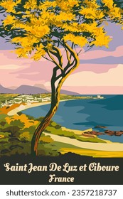 French Saint Jean de Luz coast poster vintage. Resort, coast, sea, seaview. Retro style illustration vector