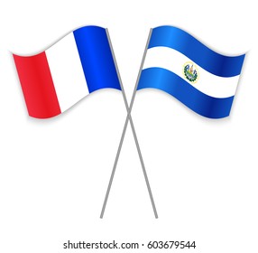 French and Salvadoran crossed flags. France combined with El Salvador isolated on white. Language learning, international business or travel concept.