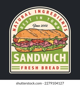 Etiqueta vintage de color sándwich francés con rodajas de jamón y tomates en baguette para decorar ilustración vectorial de la cafetería