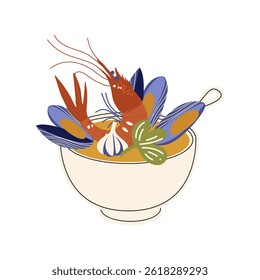 French seafood dish in flat design. Mussels, shrimp and garlic in bowl. Vector illustration isolated.