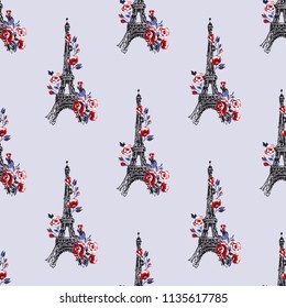 French seamless pattern with Eiffel tower with roses. Hand drawn graphic illustration with symbols of France. Vector watercolor style vintage seamless background.