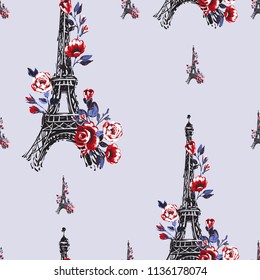 French seamless pattern with Eiffel tower with roses. Hand drawn graphic illustration with symbols of France. Vector watercolor style vintage seamless background.