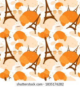 french seamless pattern pastries croissant eiffel tower coffee vector