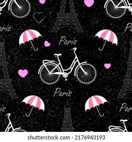 French seamless pattern. Print with eiffel tower, bicycle, umbrellas, hearts and spray.