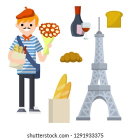 French set. A Frenchman in blue striped clothes, a loaf of baguette bread, Eiffel tower, croissant, a bottle of red wine with a glass. Romantic bouquet of flowers and red beret. Cartoon flat illustrat