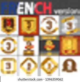 French set of number three years (3 years) celebration design. Anniversary number template elements for your birthday party. Translated from the French - congratulation, years, anniversary