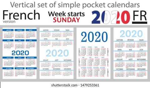 French set of pocket calendars for 2020 (Two thousand nineteen). Week starts sunday. New year. Color simple design. Vector