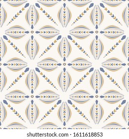 French shabby chic azulejos tile vector texture background. Dainty flower yellow blue on off white seamless pattern. Hand drawn floral mosaic interior home decor swatch. Classic style allover print