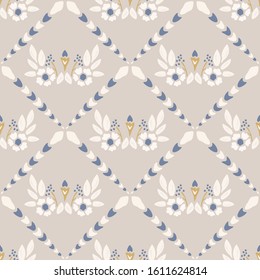 French shabby chic azulejos tile vector texture background. Dainty flower yellow blue on off white seamless pattern. Hand drawn floral mosaic interior home decor swatch. Classic style allover print svg