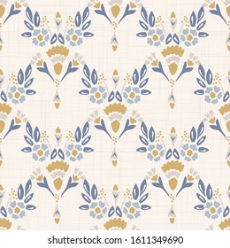 French shabby chic damask vector texture background. Dainty flower in blue and yellow on off white seamless pattern. Hand drawn floral interior home decor swatch. Classic farmouse style all over print svg