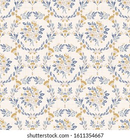 French shabby chic damask vector texture background. Dainty flower bouquet on off white seamless pattern. Hand drawn floral interior home decor wallpaper. Classic cottage farmouse style all over print svg