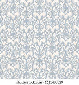 French shabby chic damask vector texture background. Dainty sunflower  flourish on off white seamless pattern. Hand drawn floral interior home decor swatch. Classic farmouse style all over print