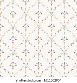 French Shabby Chic Damask Vector Texture Background. Dainty Flower In Blue And Yellow On Off White Seamless Pattern. Hand Drawn Floral Interior Home Decor Swatch. Classic Farmouse Style All Over Print